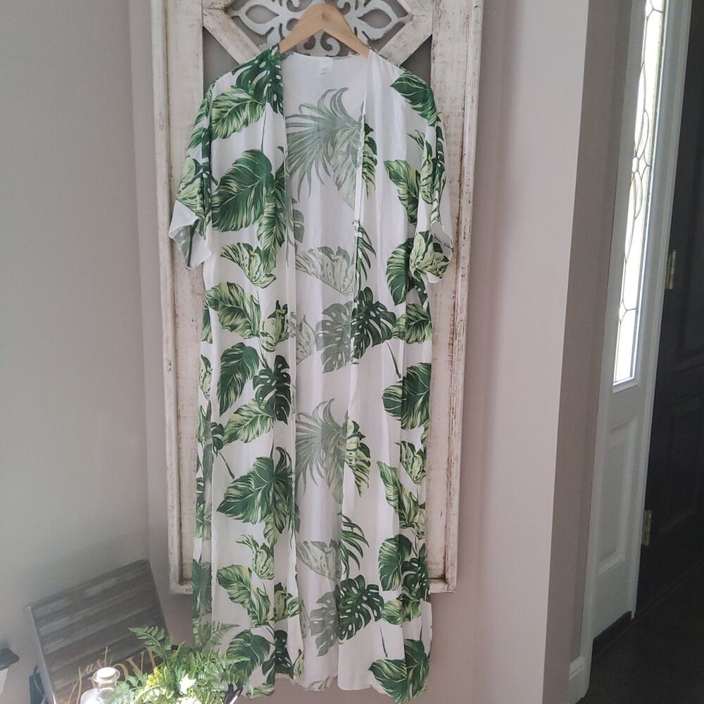 Tropical Leaf Cream Longline Kimono Beach Swimsuit Cover Up Women’s S NWT